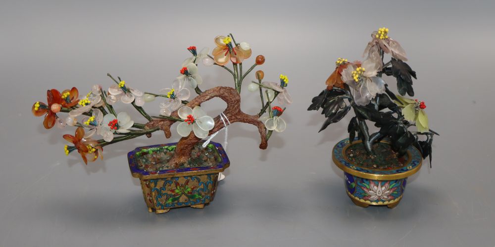 Two Chinese hardstone and cloisonne trees, tallest 14cm